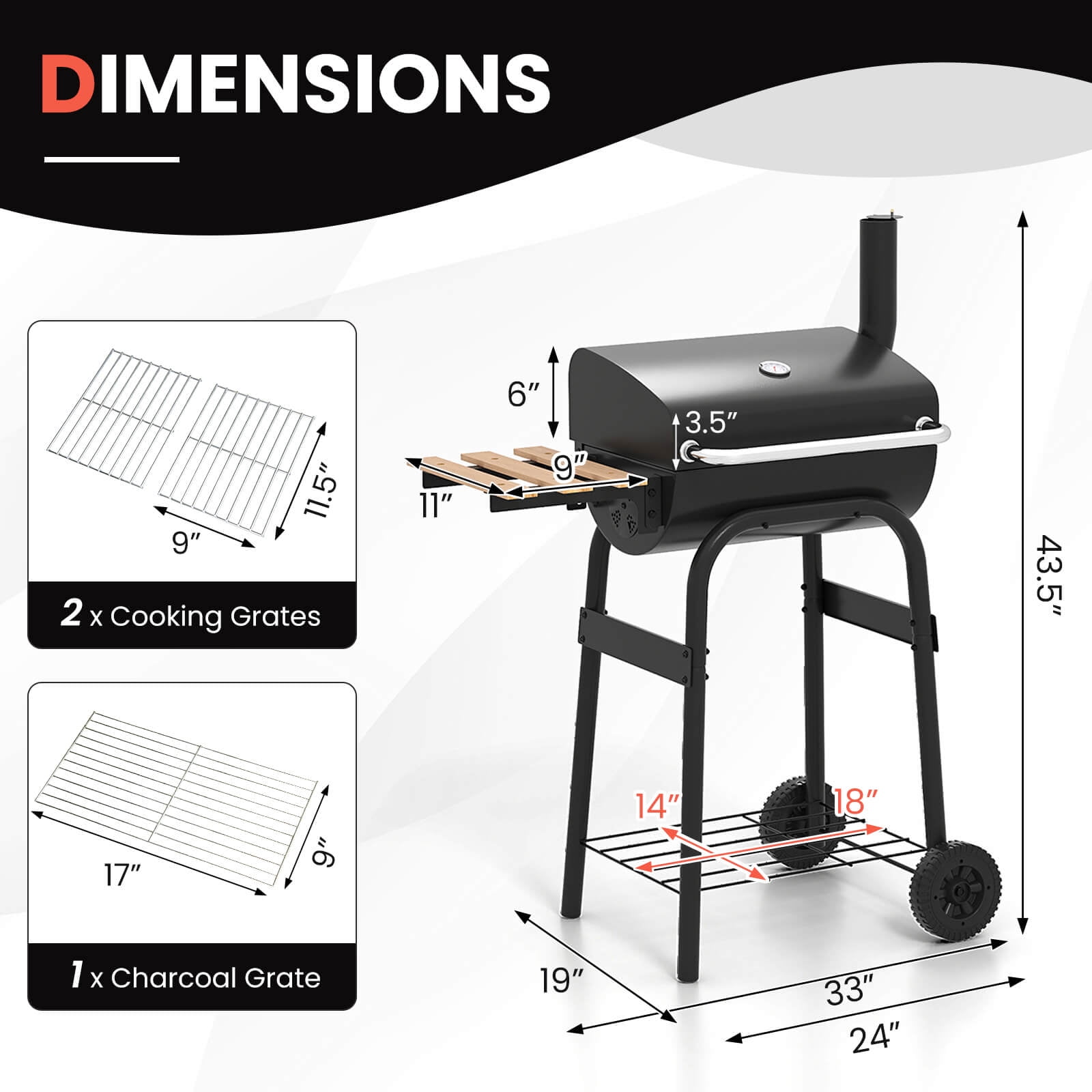 Costway Barrel Charcoal Grill with Foldable Side Table Built-in Thermometer & Storage Shelf