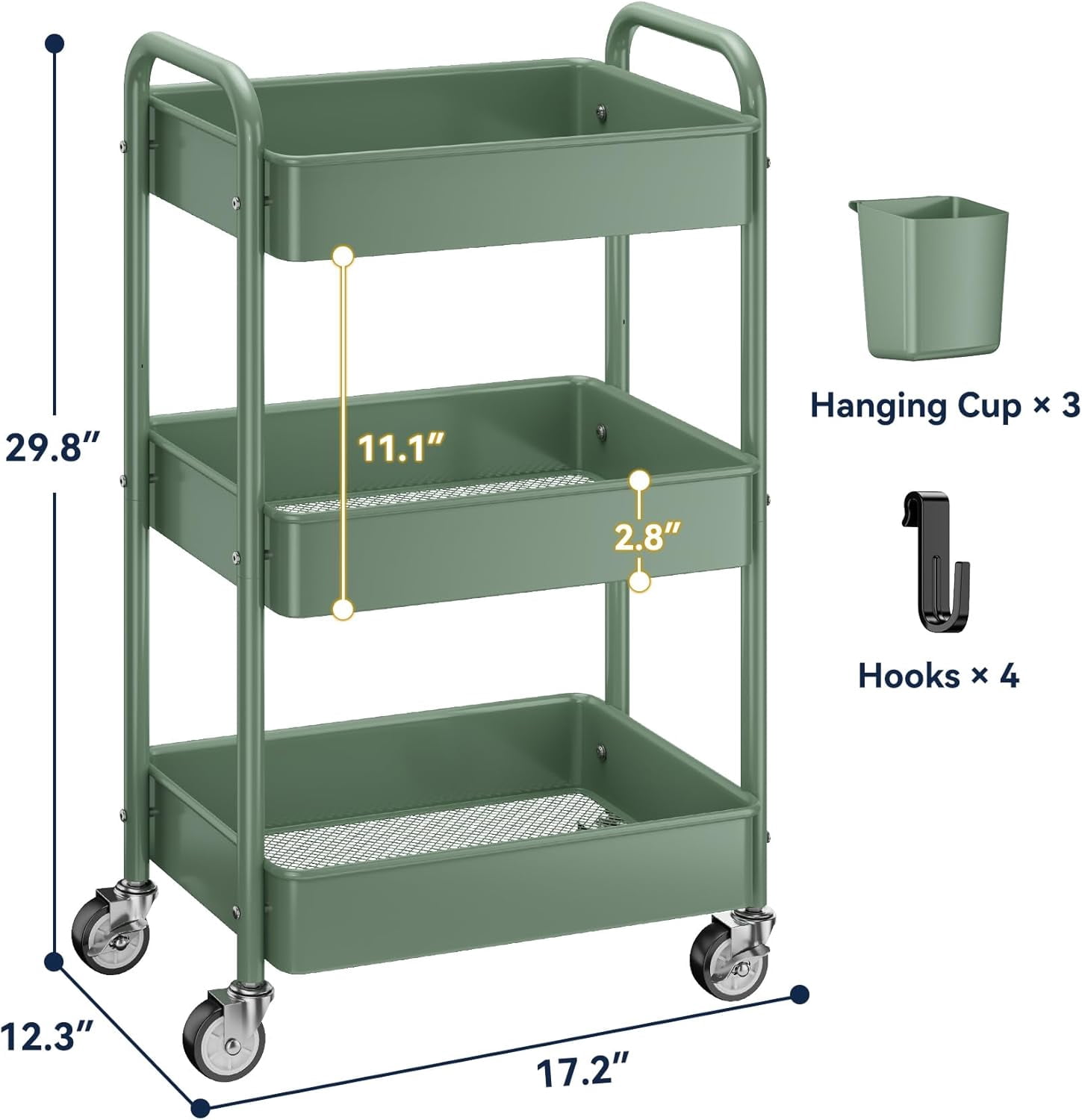 3-Tier Rolling Utility Cart with Wheels, Hanging Cups, Hooks, Heavy Duty Mesh Storage Organizer for Kitchen and Office, Lightweight Sturdy Craft Cart
