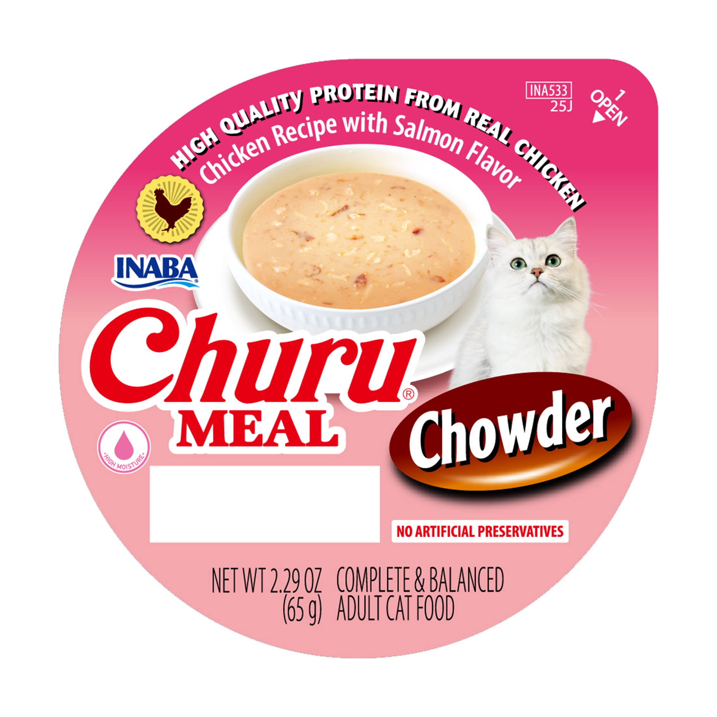 (6 pack) INABA Churu Meal Chowder Adult Wet Cat Food, 2.29 oz cup, Chicken Recipe with Salmon Flavor