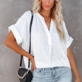 thumbnail image 2 of Top de manga corta con cuello en V para mujer, blusa elegante holgada informal de color liso para oficina, trabajo y citas, 2 of 7