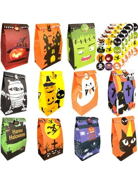62 Pack Halloween Treat Bags Candy Bags, Trick or Treat Goodie Gift Bags for Kids, Halloween Paper Bags with 72pcs Stickers for Halloween Party Favor