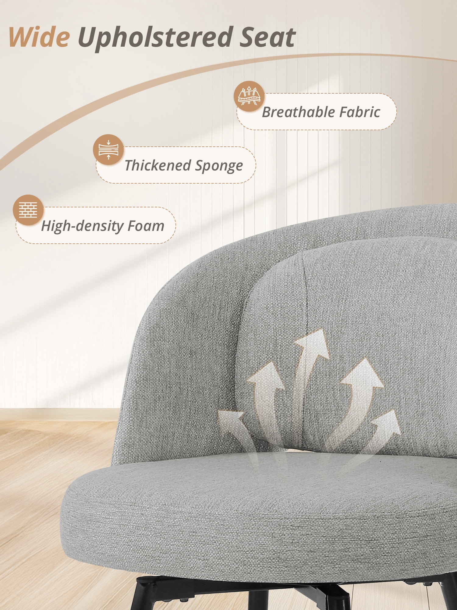 Carolayne 26.5" Swivel Bar Stools Set of 3, Modern Fabric Counter Height Bar stools with Back & Removable Cushion for Kitchen Island, Linen Grey