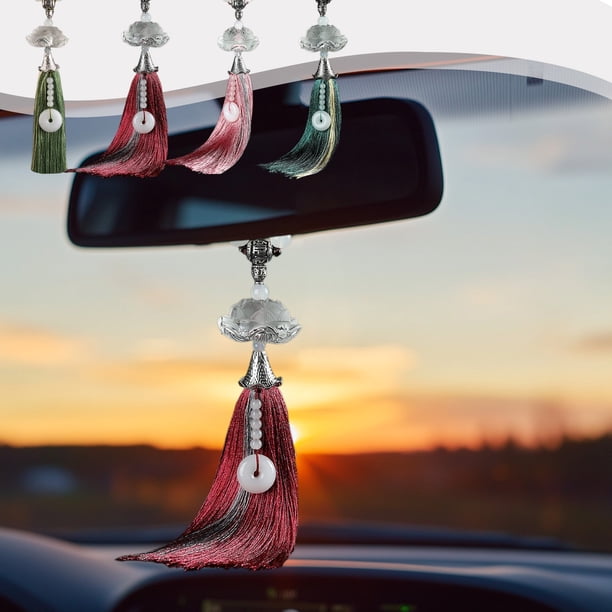 Colgante de espejo retrovisor de coche | Decoración de interiores de estilo antiguo | Diseño tejido | Rojo, Rosa, Verde, Verde Menta | Plástico | 9.84x1.57x1.18 pulgadas | Decorativo y práctico | 1