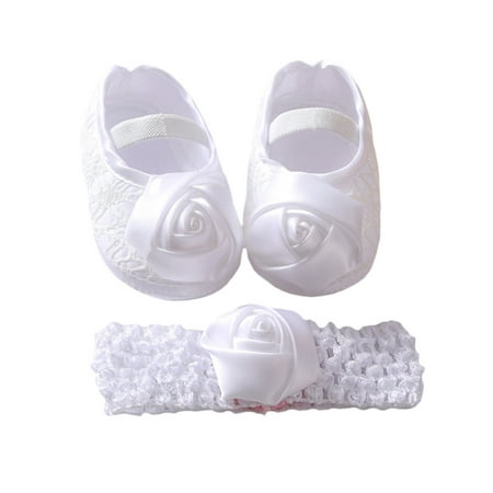 

Baby Girls Flat Shoes Soft Sole Walking Shoes with Rose Flower Headband