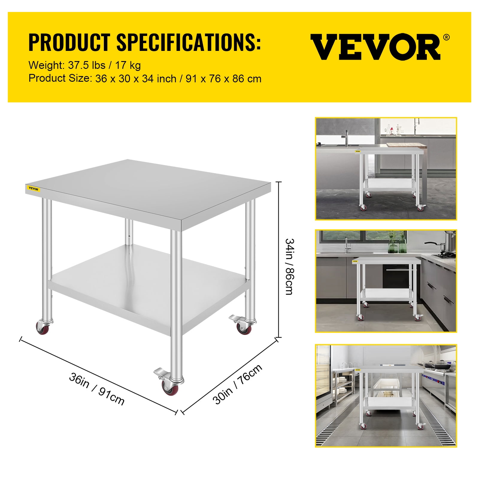 VEVOR Stainless Steel Work Table / Commercial Prep Table 30×36×34 inch;Stainless Steel;3‑Stage Adjustable Shelf;4 Wheels 2 with Brake;220 lb Capacity