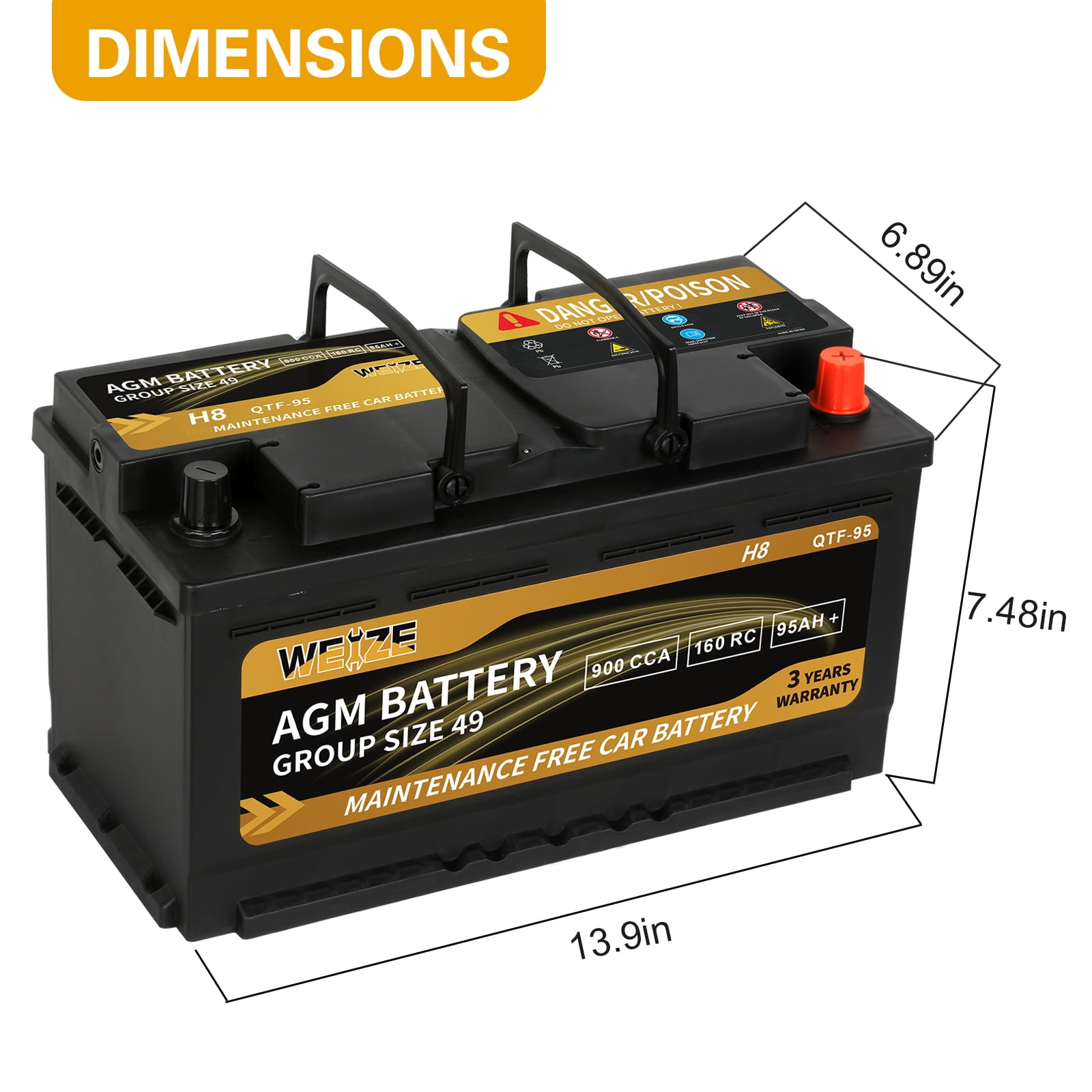 Weize Platinum AGM Automotive Battery, Group 94R H7 Battery- 12v 80ah 140RC  850CCA, 36 Months Warranty