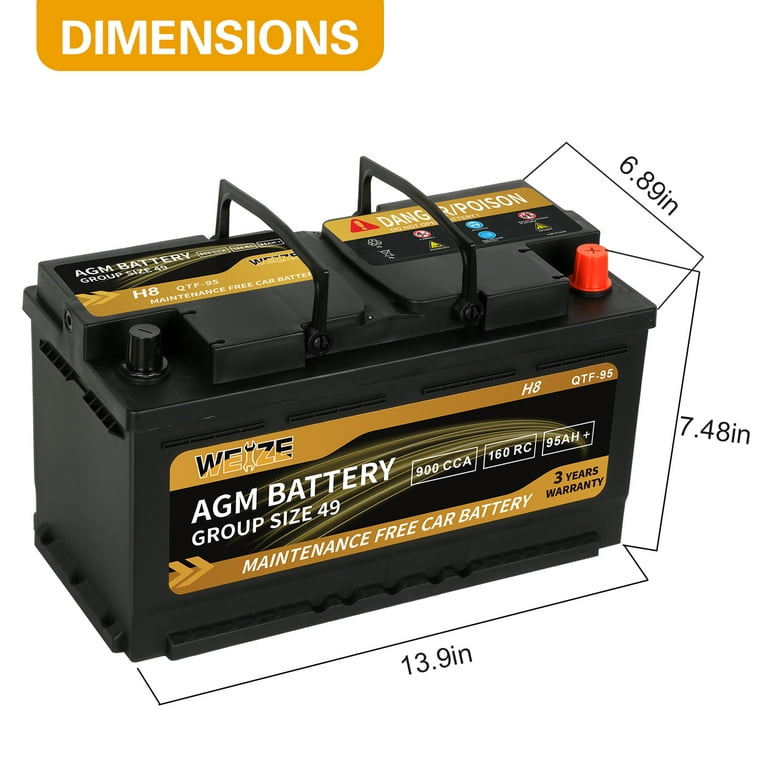 Weize Platinum AGM Battery BCI Group 49-12v 95ah H8 Size 49 Automotive  Battery, 160RC, 900CCA, 36 Months Warranty 