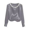 thumbnail image 3 of Women's Satin Long Sleeve Round Neck Top Shirts Blouses with Pearl Embellishments Solid Color Elegant Loose Fit for Business Casual Work Office Commuting and Dating Fashion Essential Gift for Women, 3 of 9
