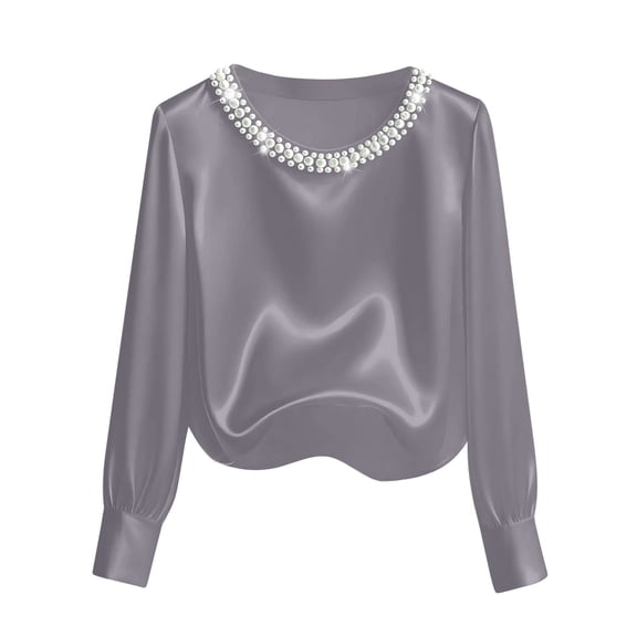Women's Pearl Satin Top Crew Neck Tops Long Sleeve Shirts Dressy Business Casual Blouse Fall Office Work Shirt Solid Basic Shirt