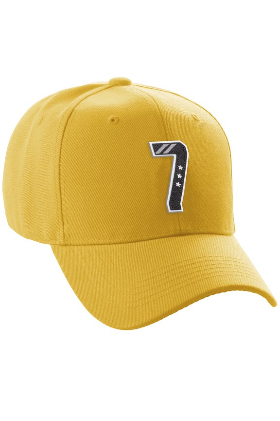 Structured Baseball Hat Cap 3D Alphabet A to Z Letter Number Initial-Gold, Number 7