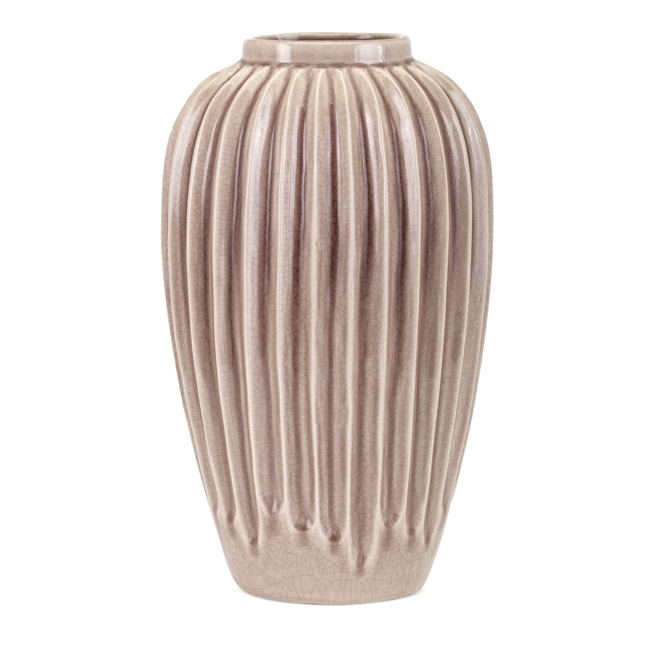 Benzara Ceramic Table Vase with Embossed vertical Straight Lines, Beige