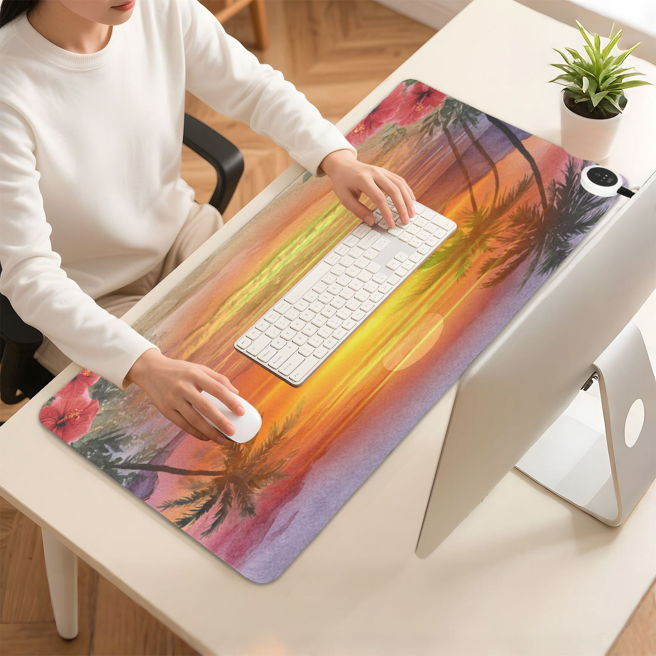 Large Heated Desk Mat Mouse Pad 31.5"x13"PU Leather Graphene Heating Desk Warmer with 3 Temperature Settings 110V US Plug Non-Slip Warm Pad for Home, Office, and Gaming Tropical Sunset Beach Print