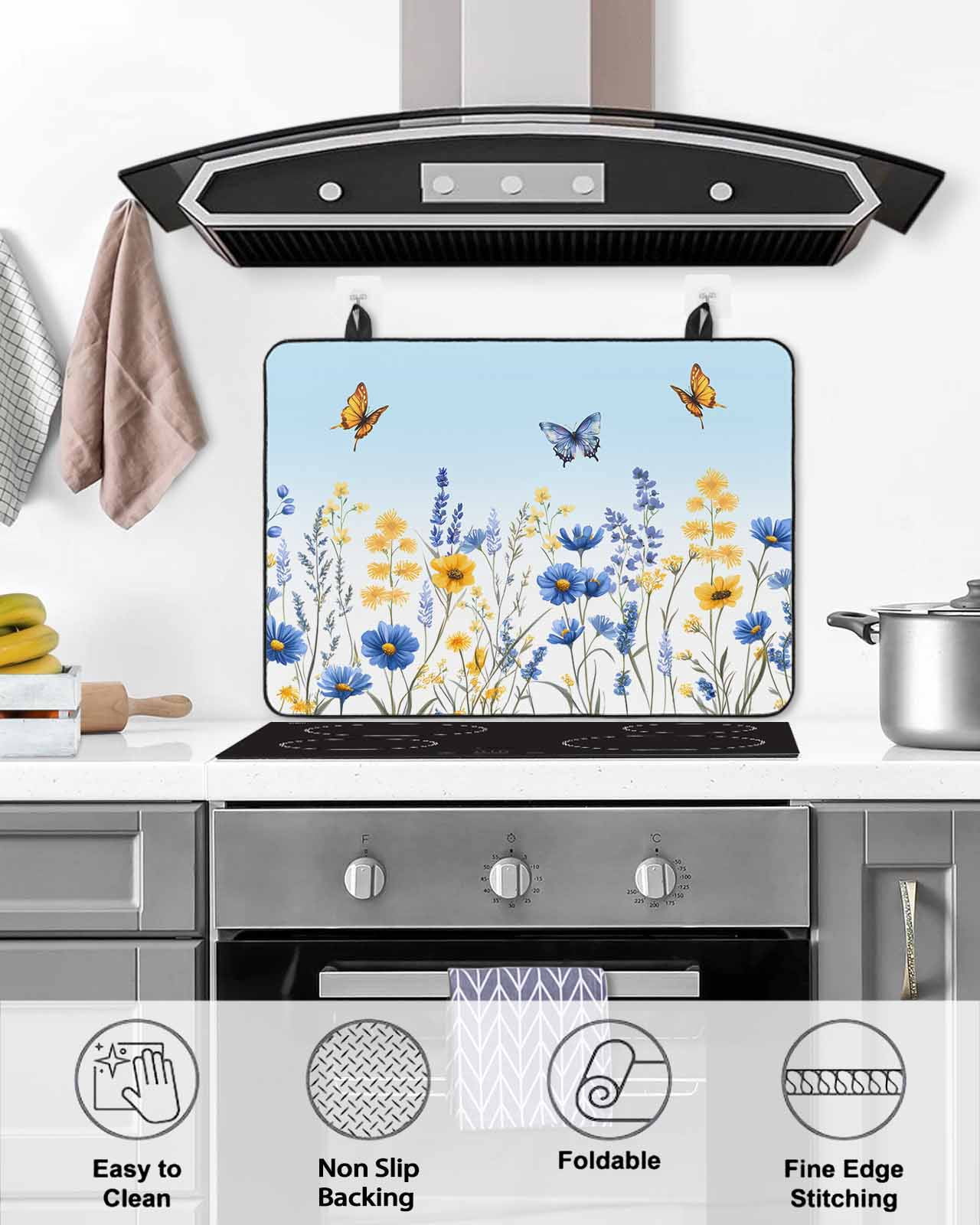 nqOlkjepod Large Induction Cooktop Protector Mat 24"x21", Spring Floral Stove Top Covers for Electric Stove, Summer Pastoral Butterfly Botanical Stove Burner Cover Mats, Glass Top Stove Cover