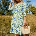 thumbnail image 4 of Blueberries Watercolor Leafy Pattern Women's 3/4 Sleeve Dresses Elegant A-Line Midi Dress Flare Summer Casual Sundress, 4 of 9