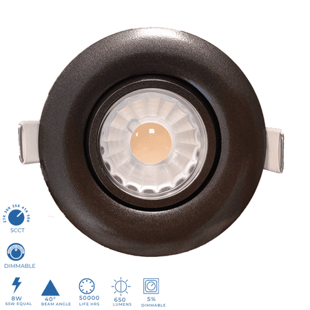 

Perlglow 3 inch Gimbal Round Downlight Luminaire Bronze Finish LED Recessed Light Fixtures Dimmable 8W=65W 650 Lumens CRI 90+ IC Rated 5CCT