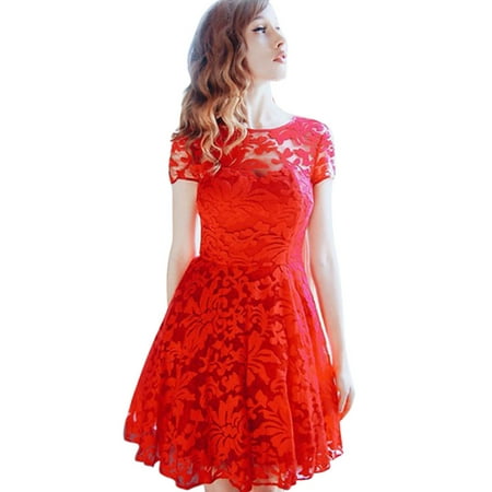 

SQUARE CARMEN Temperament Fashion Round Neck Short Sleeve Lace Dress Red XXXXL