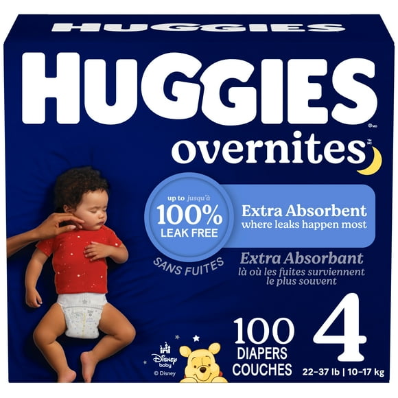 Huggies Overnites Nighttime Baby Diapers, Size 4 (22-37 lbs), 100 Count