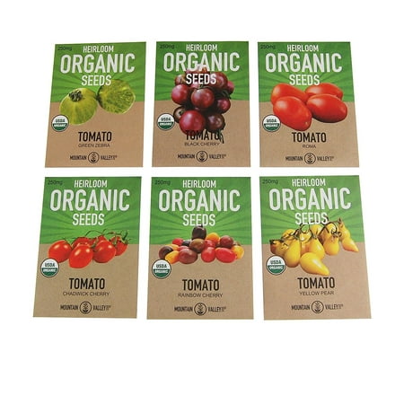 Organic Heirloom Cherry Tomato Garden Seeds - 6 Non-GMO Varieties: Yellow Pear, Chadwick Cherry, Black Cherry, Rainbow Cherry, Roma & Green