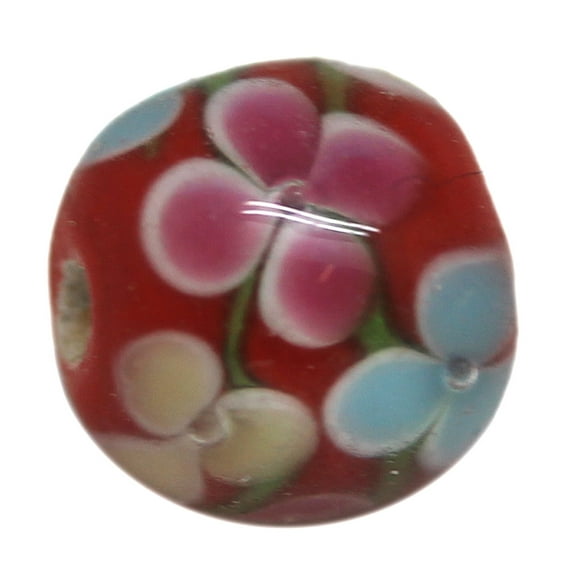 Red Sphere Bead w/Pink, Blue and Yellow Flowers