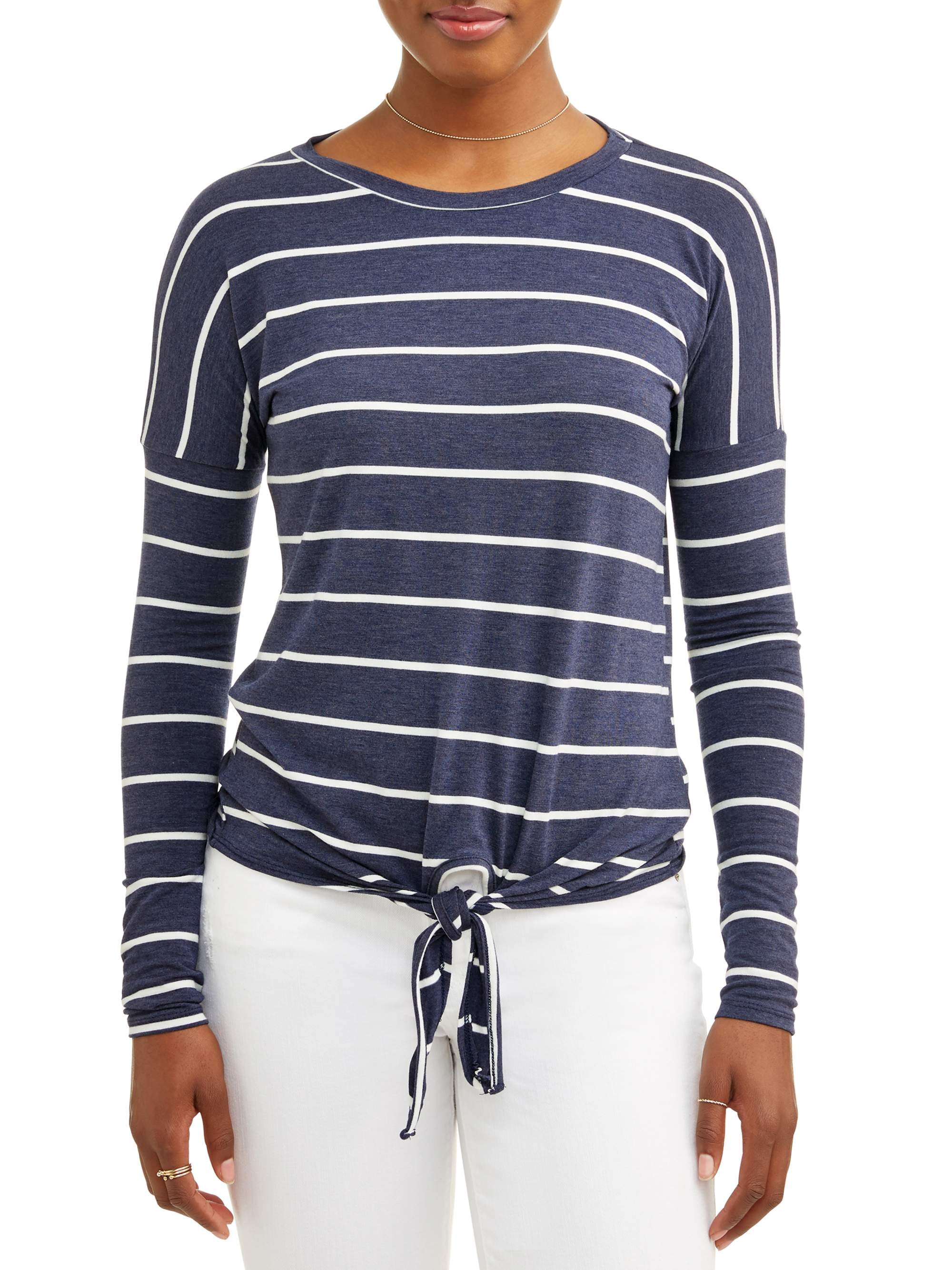 Thyme and Honey Women's Striped Long Sleeve Front Tie TShirt