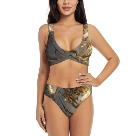Zeuib Golden White Tiger High Waisted Tummy Control Bikini Set - Knot Front Push Up Top & Cheeky Thong Bottom  Two-Piece Swimsuit for Women-Small