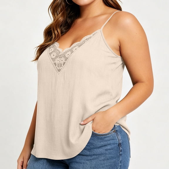 hoksml Plus Size Women's Lace Trim V-Neck Cami Top, Spaghetti Strap Solid Color Sleeveless Casual Camisole