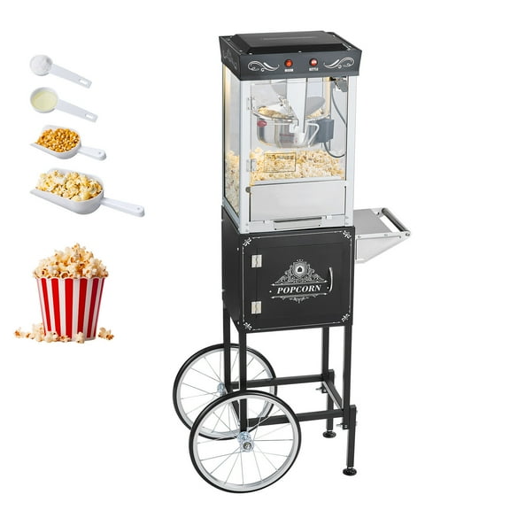 KFFKFF Popcorn Machine with Cart, 8oz Stainless Steel Kettle, 800W Commercial Maker, Produces 48 Cups per Batch, Theater-Style Popper with Glass Wall, PC Door, 2-Button Control