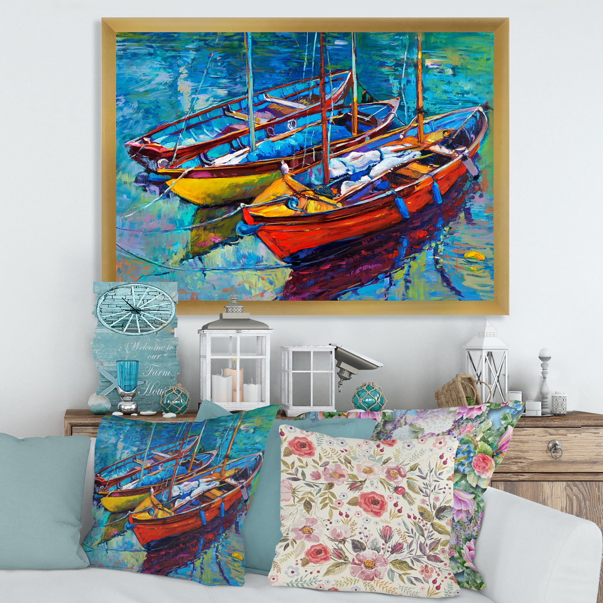 Designart 'Three Colorful Boats In The Harbor' Nautical & Coastal Framed Art Print