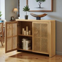GZXS Accent 2-Door Rattan Cabinet with Adjustable Shelf, Pop-Up Design Doors, Modern Bohemian Storage Cupboard with Cable Holes, 39.4"L x 9.3"W x 32.3"H, Natural