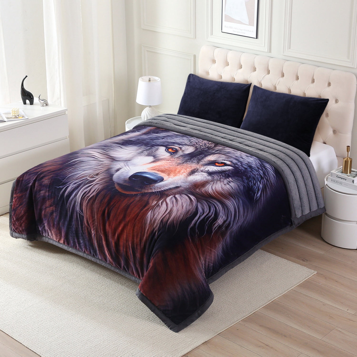 NC Faux Fur & Warm Fleece Blanket King Size 85"x93", A & B Printed Patterns 3-Ply Heavy Thick Microfiber Plush Blanket 8.5LB, Wolf & Gray