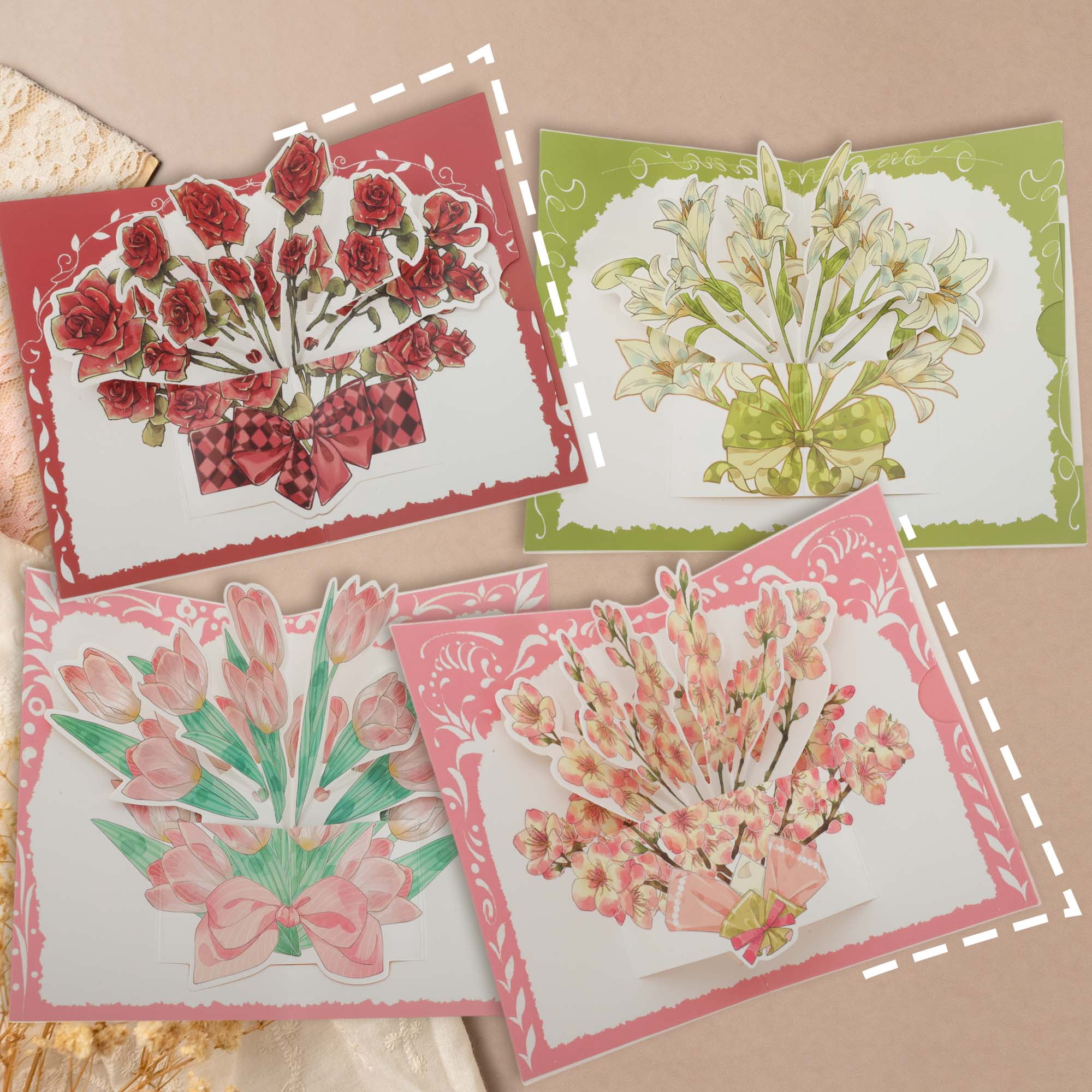 Unique Bargains Floral Pops Up Card 3D Greeting Cards with Envelope Pink Cherry Bouquet