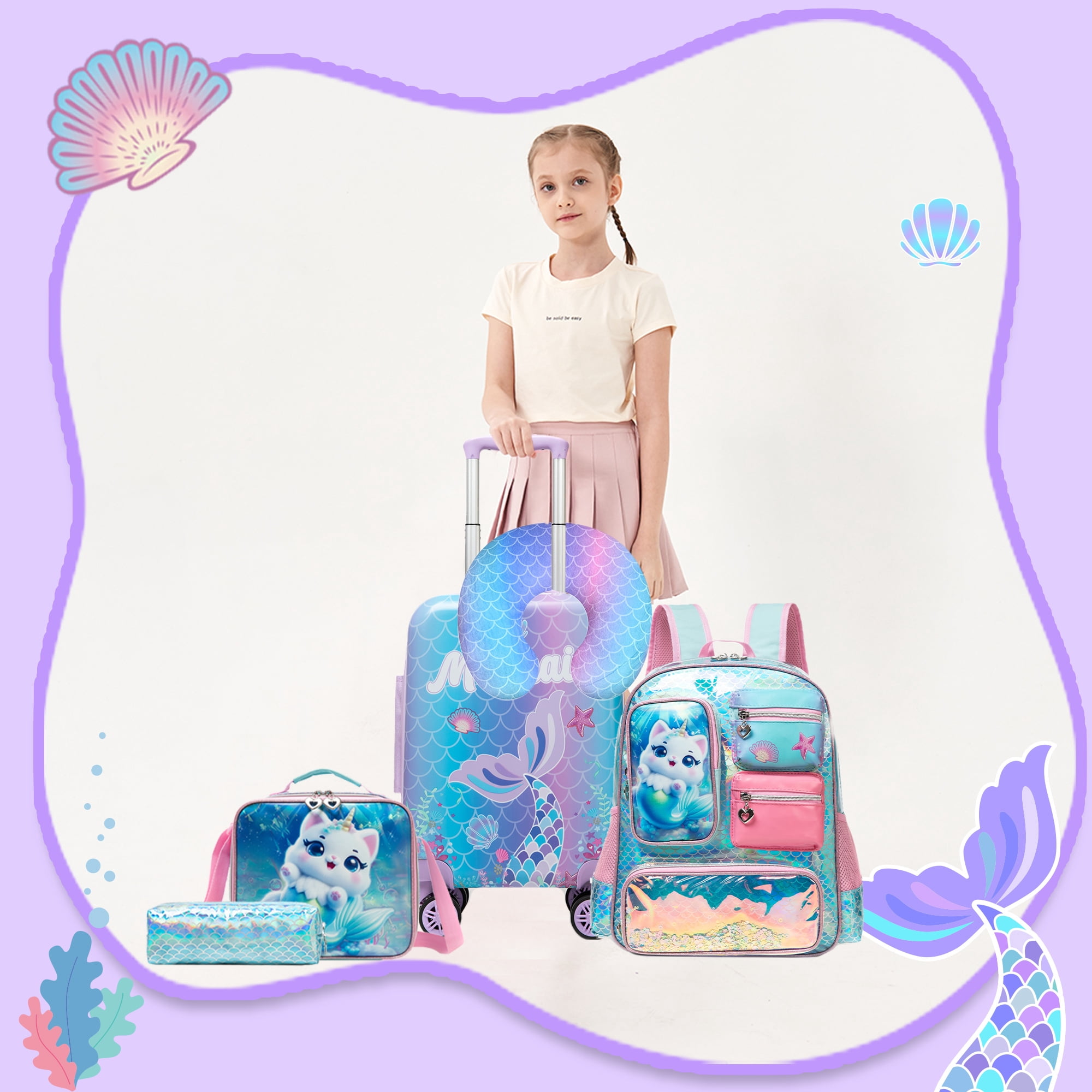 Kids Carry on Luggage Sets for Girls with Travel Pillow Rolling Suitcases with Wheels for Toddlers Travel School Backpack Pencil Bag