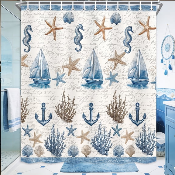 VEIVIAN Nautical Shower Curtain, Vintage Beach Seashell Seahorse Anchor Sailboat Bathtub Curtain, Summer Coastal Harbor Theme Fabric Bathroom Decor with Hooks, 69X70 in