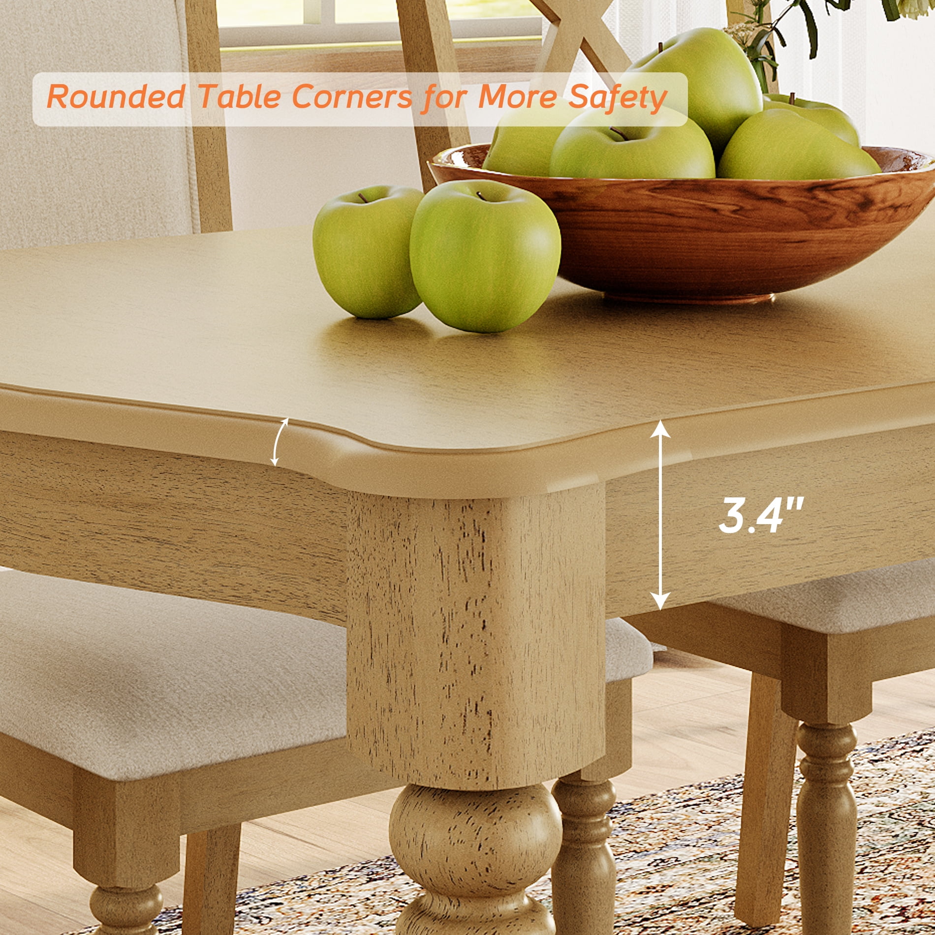 Rectangular Dining Table for 6–8, Solid Wood Table with Signature Gourd Legs for Kitchen & Living Room, 70 Inch, Oak