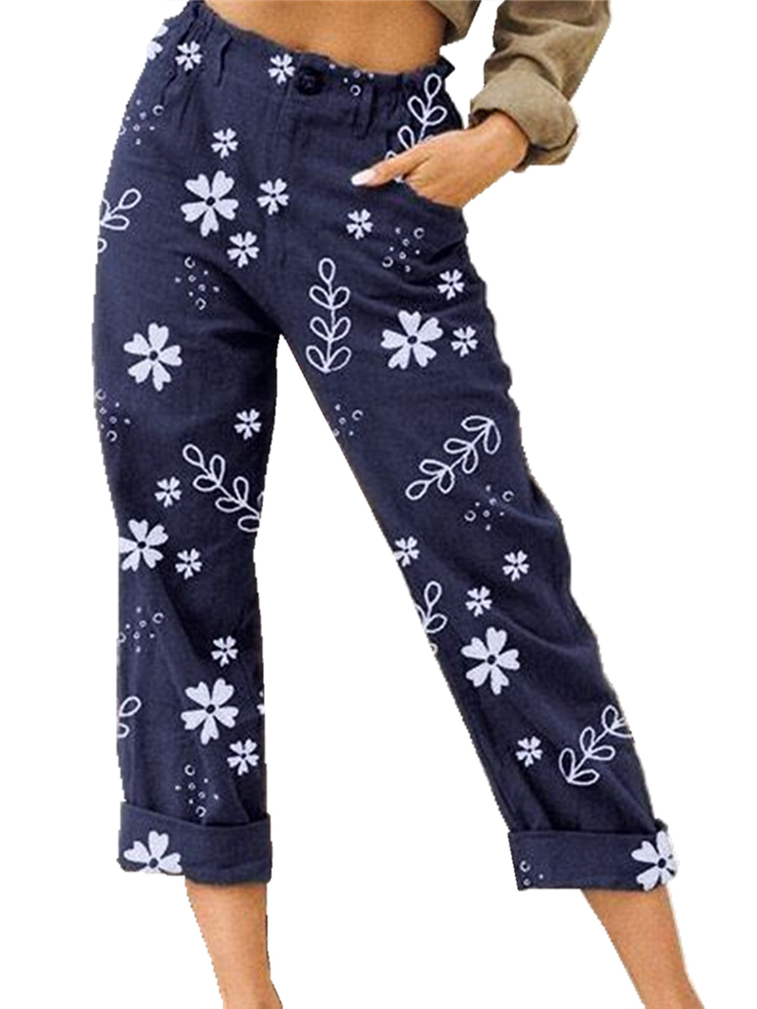 ANYSENSE Women Straight Leg Loose Casual Pants Summer Floral Cropped ...