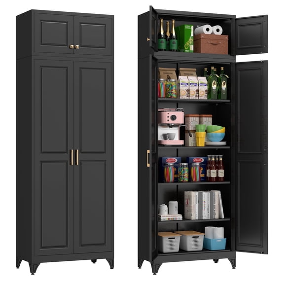 Polup 90" Height Modern Metal Pantry Storage Cabinet with Doors and Adjustable Shelves Black for Living Room Kitchen and Home