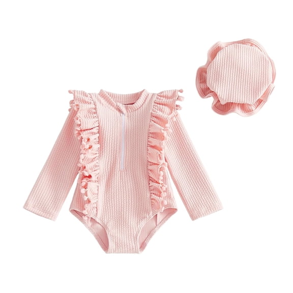 Baby Girl Swimwear One Piece Ruffle Long Sleeve Swimsuit Romper Rash Guard with Hat Set Toddler Pink 6 Months-12 Months