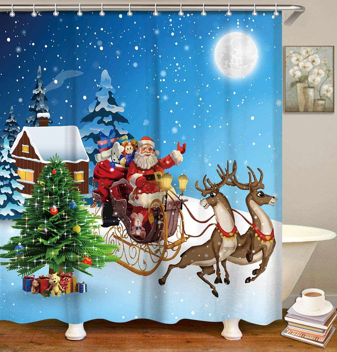 72 x 72 Inches Merry Christmas Shower Curtain,Cute Cartoon Santa Claus Bath Curtains with Hooks for Bathroom Decor,Xmas Decoration