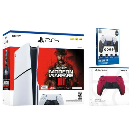 Sony PlayStation 5 Slim Disc Call of Duty Modern Warfare 3 Bundle with Extra Cosmic Red Controller and Surge FPS Grip Kit