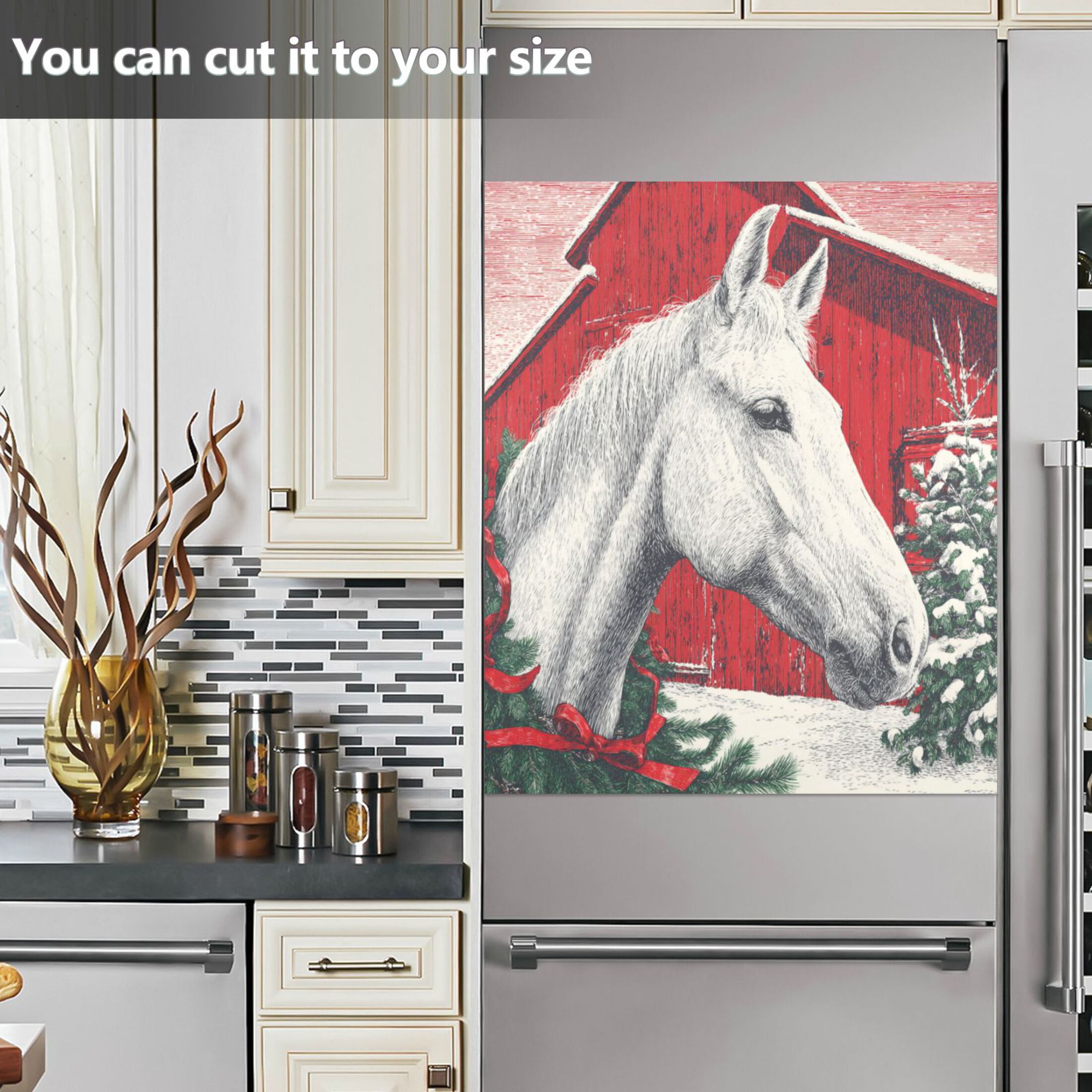 Dishwasher Magnetic Refrigerator Magnet Cover Sticker Home Decorative 23"x26" White Horse with Red Bow