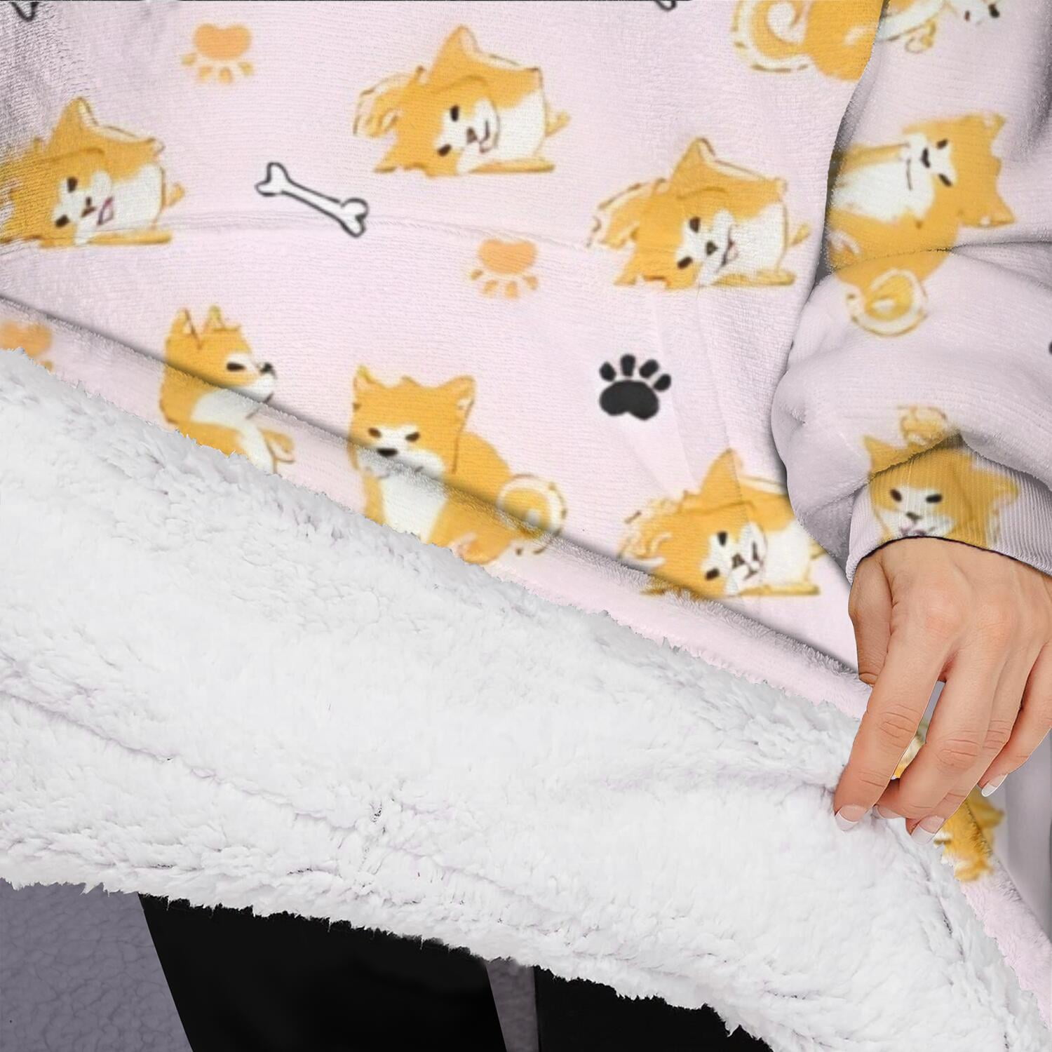 Oversized Wearable Blanket Hoodie,Cute Shiba Inu Sherpa Blanket Hoodie with Super Pockets,Super Warm Fuzzy Pullover for Women & Men