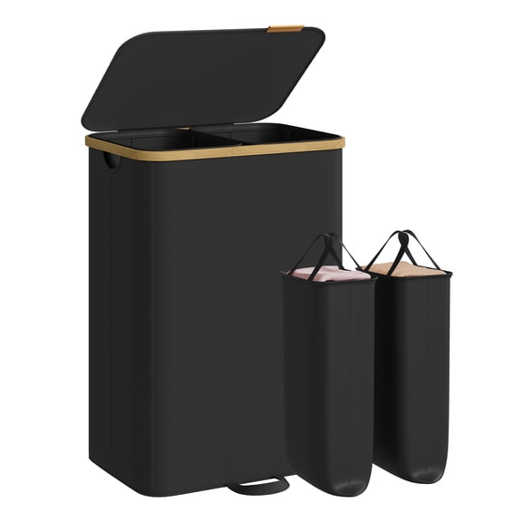 SONGMICS Laundry Hamper, Laundry Sorter with Lid, Storage Basket Bin, Removable Liners, Bamboo Frame, 2 Sections, 39.6 Gal. (150 L), Ink Black