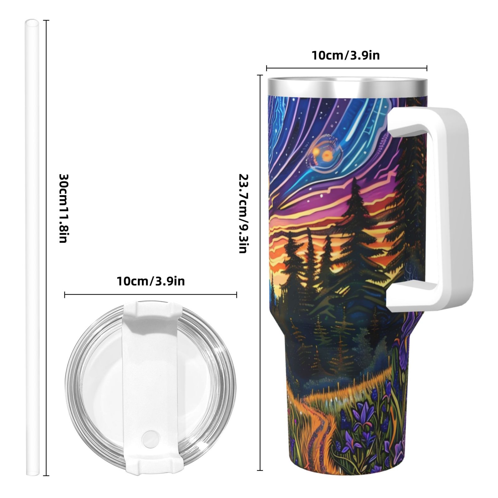 Vsdgher Galactic Night Over Meadow Pattern 40 oz Tumbler with Handle and Straw Lid | Insulated Cup Reusable Stainless Steel Water Bottle Travel Mug | Gifts for Women Men Him Her