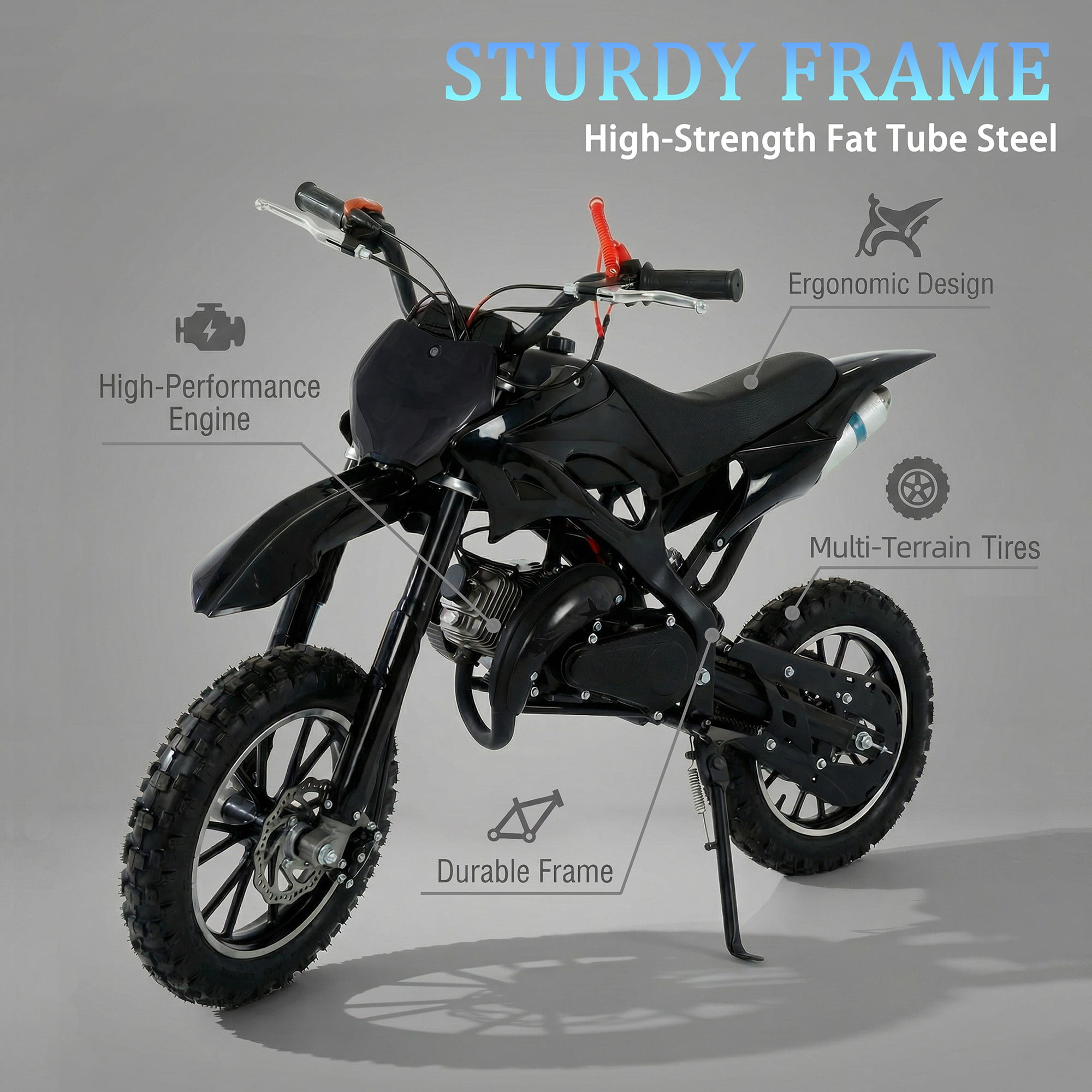 FONA 49cc 2-Stroke Dirt Bike for Kids 8-12, 25mph Mini Motorcycle with Dual Disc Brakes, Multi Terrain Tires, Suspension & Soft Seat Black