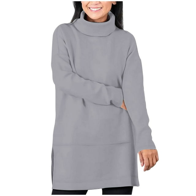 aidice Plus Size Tops for Women Casual High Neck Long Sleeve Shirts Loose Size Split Fall Winter Tops