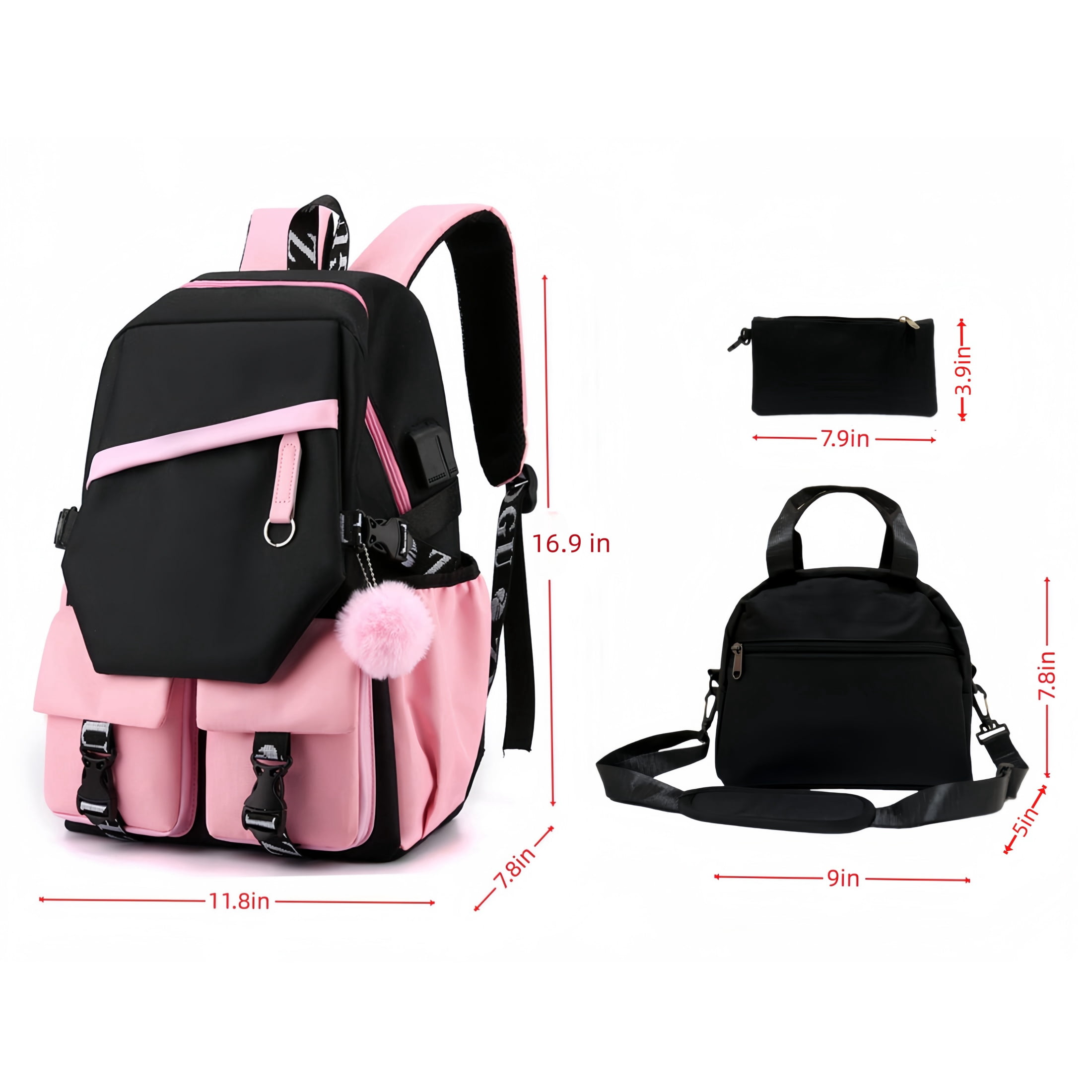 4Pcs Girls Backpack with Lunch Box  Set, 17 inch School Bookbag with Lunch Bag for Teens