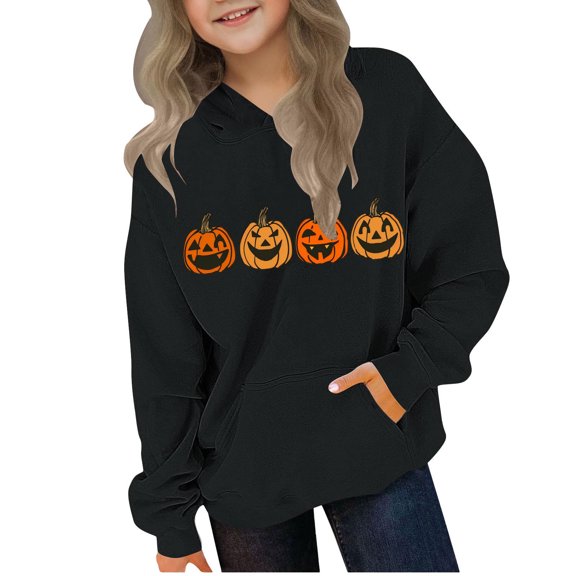 Hellosay Girls Halloween Clothes Pumpkin Holiday Tops Hooded Pullover Festival Tops Winter Happy Funny Streetwear