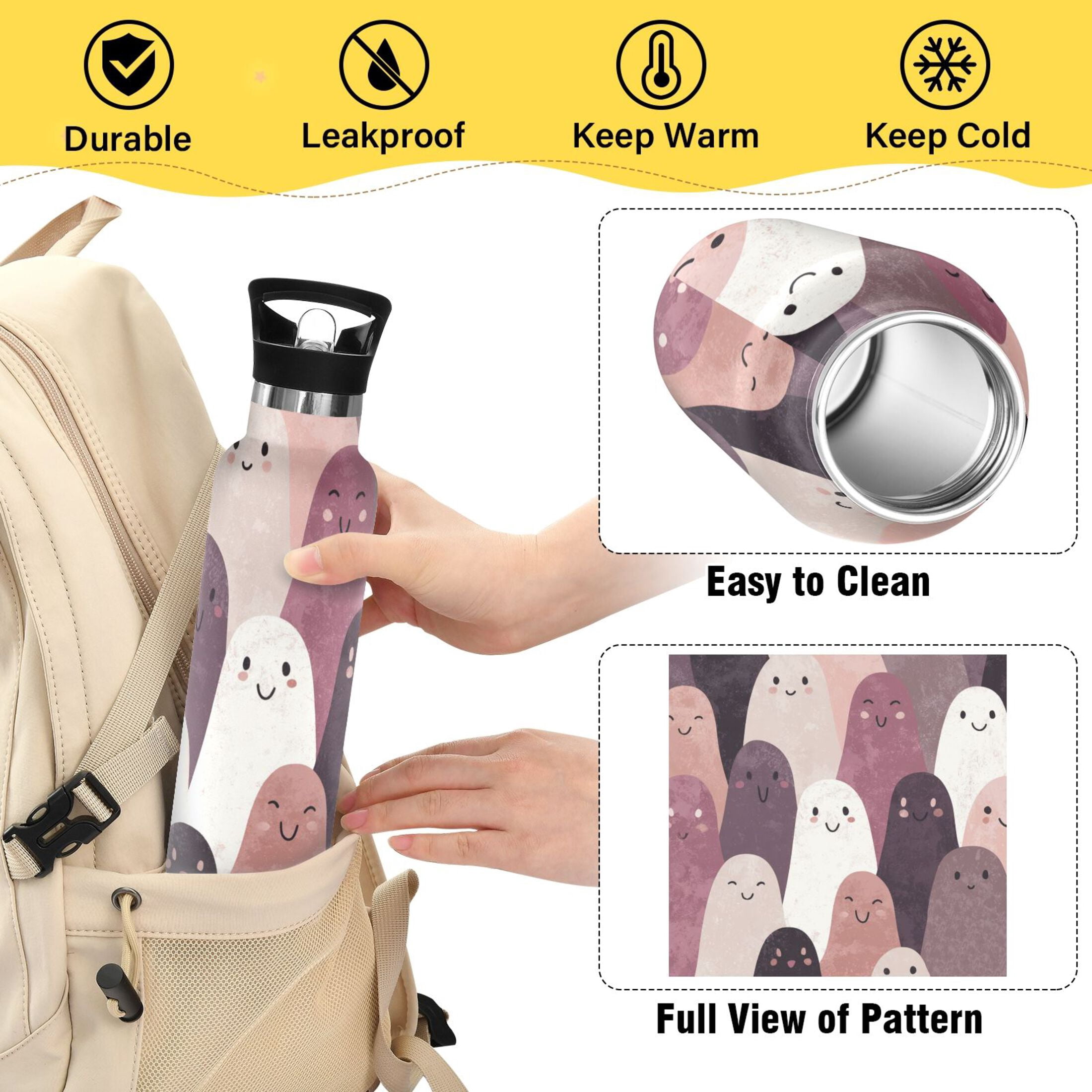 Kids Insulated Stainless Steel Sports Water Bottle 600ml (20oz) Smiling Ghost