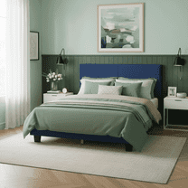 BRGMAUS Bed Frame, with Headboard, Linen/Velvet Upholstered Bed Frame with Wood Slats Support, Heavy Duty Feet, Easy Assembly, Queen Bed Frame (Blue)