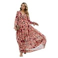 thumbnail image 3 of Women'S Boho Maxi Dress V Neck Puff Long Sleeve Ruffle A-Line Split Swing Chiffon Dresses, 3 of 8